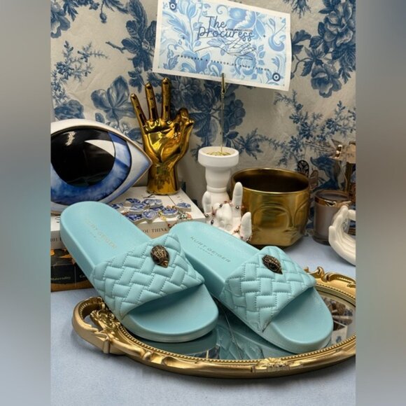 🆕 KURT GEIGER LONDON 🧿 NWOB Meena Eagle Quilted Slides, Blue - Sz EU 37 US 7 - Picture 3 of 14